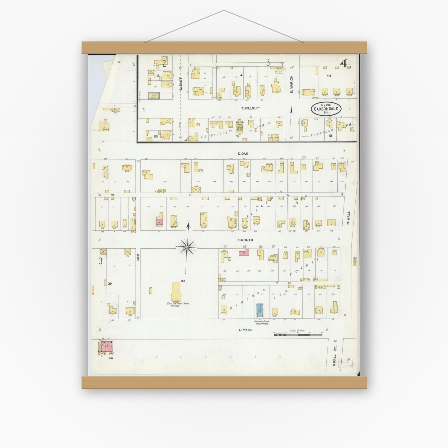 Old map wall art mockup — magnetic wood frame on white wall — Sanborn Fire Insurance Map from Carbondale, Jackson County, Illinois (1906), Sheet #0004