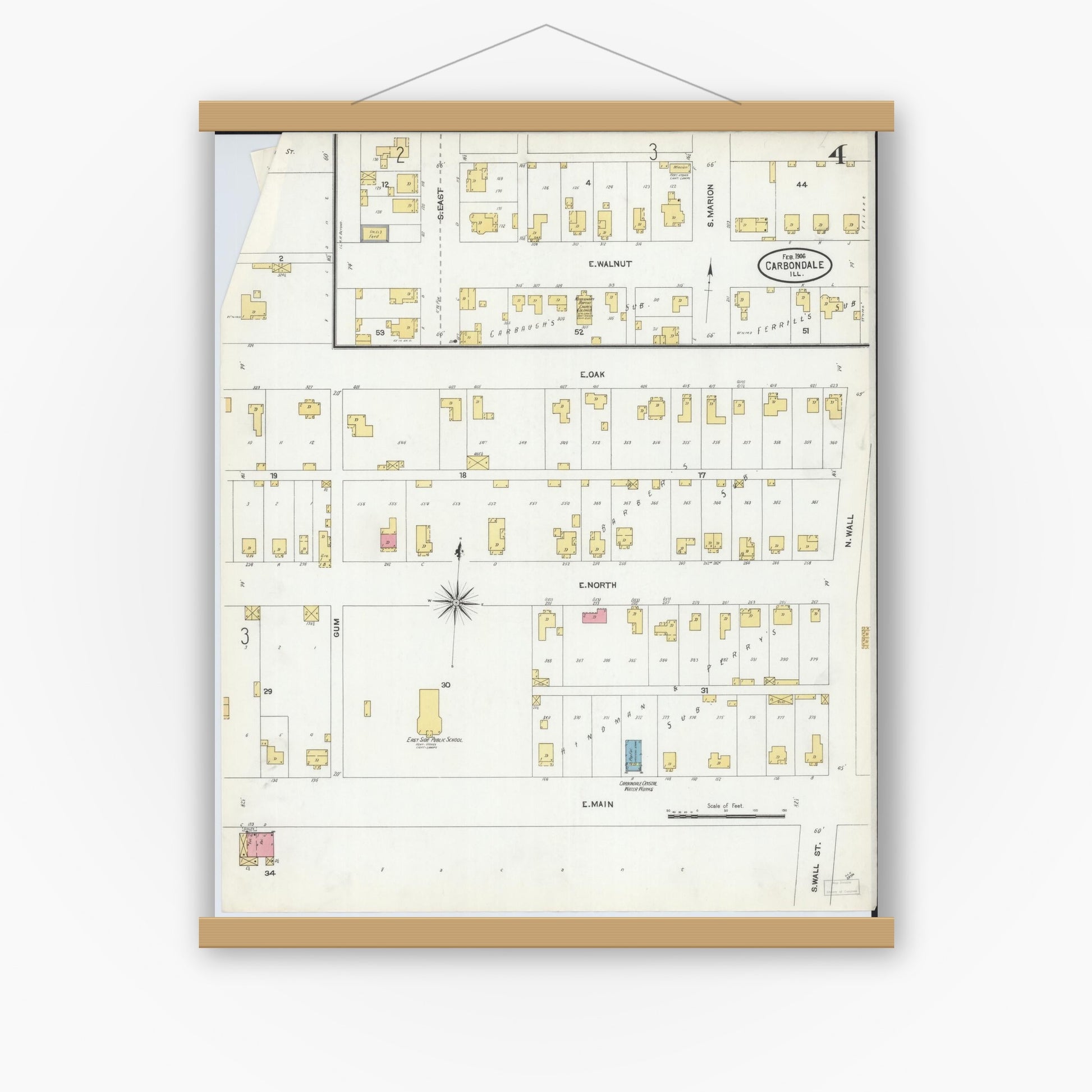 Old map wall art mockup — magnetic wood frame on white wall — Sanborn Fire Insurance Map from Carbondale, Jackson County, Illinois (1906), Sheet #0004