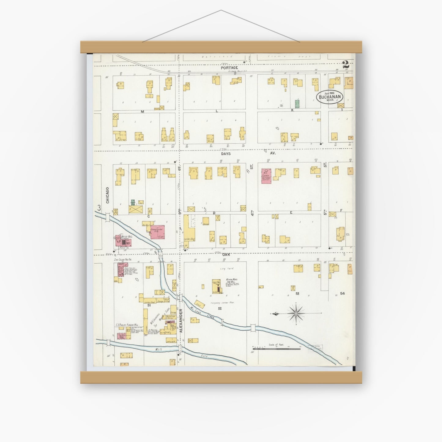 Old map wall art mockup — magnetic wood frame on white wall — Sanborn Fire Insurance Map from Buchanan, Berrien County, Michigan (1900), Sheet #0002