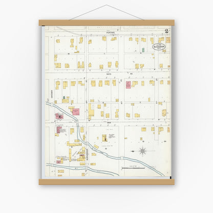 Old map wall art mockup — magnetic wood frame on white wall — Sanborn Fire Insurance Map from Buchanan, Berrien County, Michigan (1900), Sheet #0002