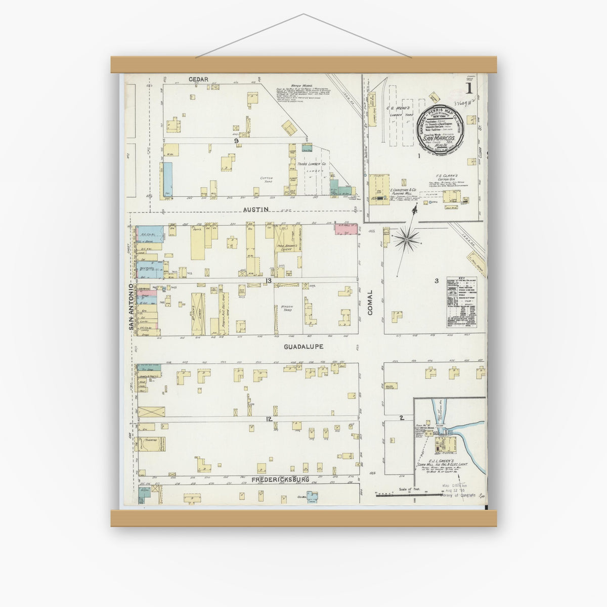 Old map wall art mockup — magnetic wood frame on white wall — Sanborn Fire Insurance Map from San Marcos, Hays County, Texas (1891) - Complete Map Set