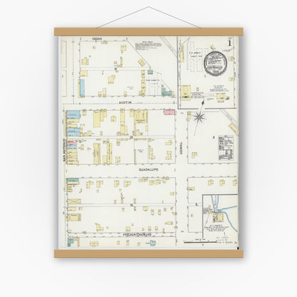 Old map wall art mockup — magnetic wood frame on white wall — Sanborn Fire Insurance Map from San Marcos, Hays County, Texas (1891) - Complete Map Set