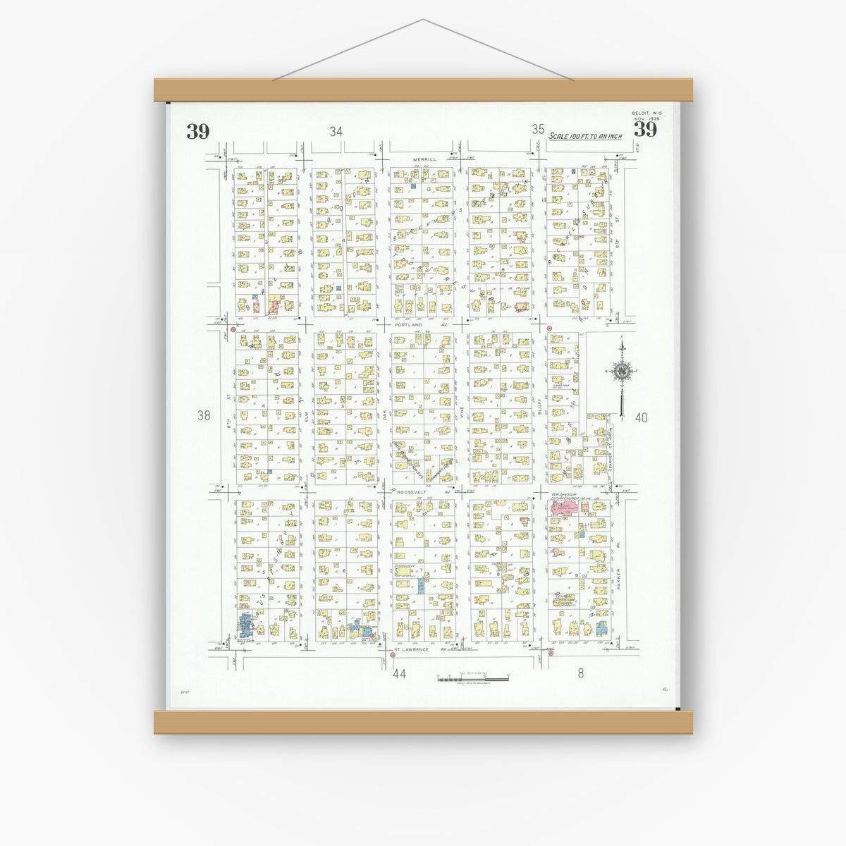 Old map wall art mockup — magnetic wood frame on white wall — Sanborn Fire Insurance Map from Beloit, Rock County, Wisconsin (1939), Sheet #0039