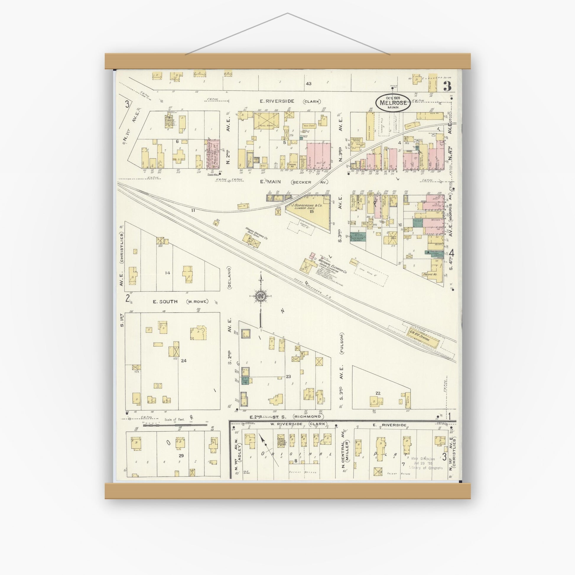 Old map wall art mockup — magnetic wood frame on white wall — Sanborn Fire Insurance Map from Melrose, Stearns County, Minnesota (1909), Sheet #0003