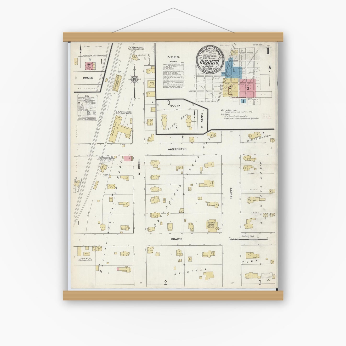 Old map wall art mockup — magnetic wood frame on white wall — Sanborn Fire Insurance Map from Augusta, Hancock County, Illinois (1912), Sheet #0001