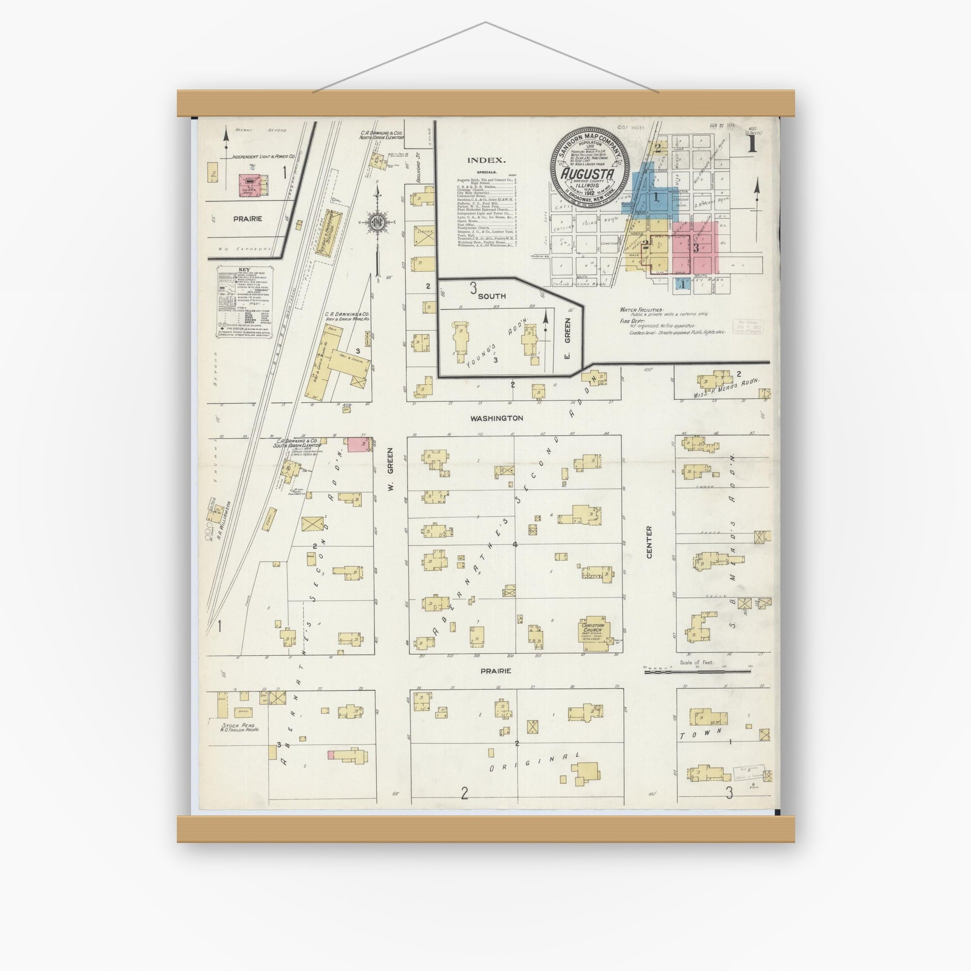 Old map wall art mockup — magnetic wood frame on white wall — Sanborn Fire Insurance Map from Augusta, Hancock County, Illinois (1912), Sheet #0001
