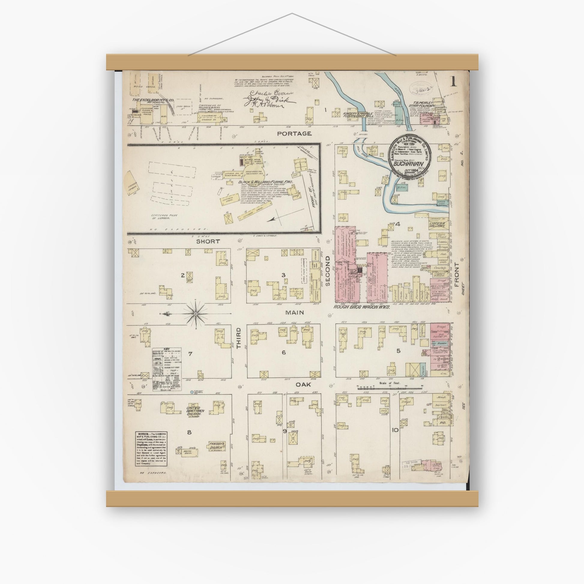 Old map wall art mockup — magnetic wood frame on white wall — Sanborn Fire Insurance Map from Buchanan, Berrien County, Michigan (1884) - Complete Map Set