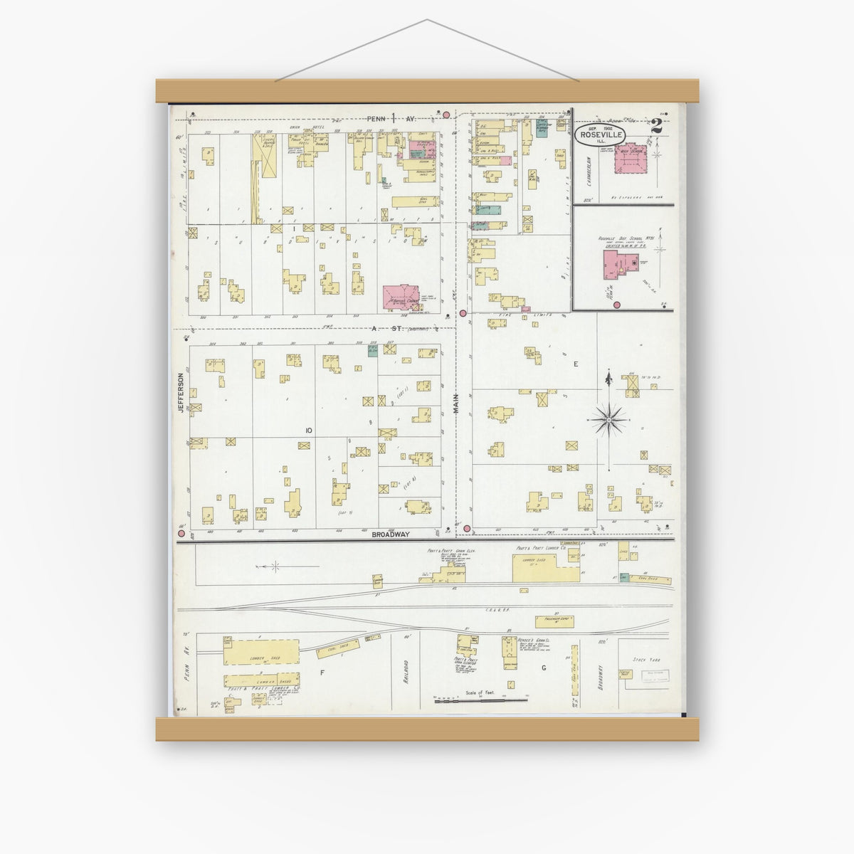 Old map wall art mockup — magnetic wood frame on white wall — Sanborn Fire Insurance Map from Roseville, Warren County, Illinois (1902), Sheet #0002