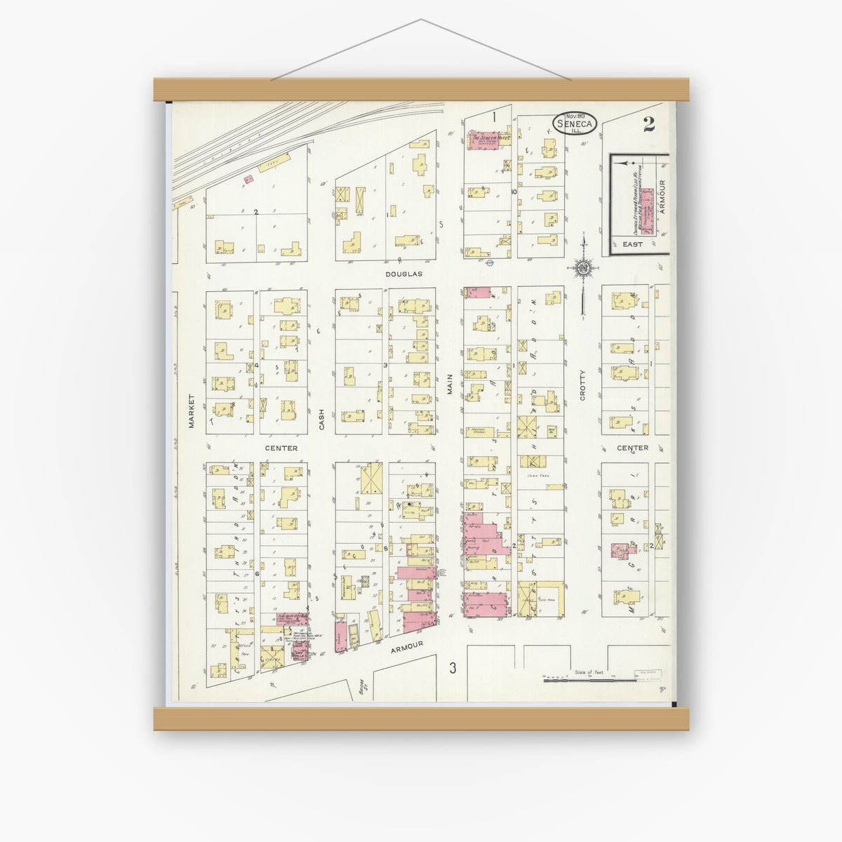 Old map wall art mockup — magnetic wood frame on white wall — Sanborn Fire Insurance Map from Seneca, La Salle County, Illinois (1913), Sheet #0002