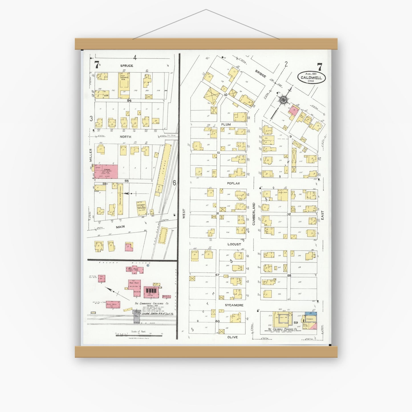 Old map wall art mockup — magnetic wood frame on white wall — Sanborn Fire Insurance Map from Caldwell, Noble County, Ohio (1923), Sheet #0007