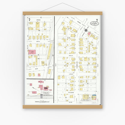 Old map wall art mockup — magnetic wood frame on white wall — Sanborn Fire Insurance Map from Caldwell, Noble County, Ohio (1923), Sheet #0007