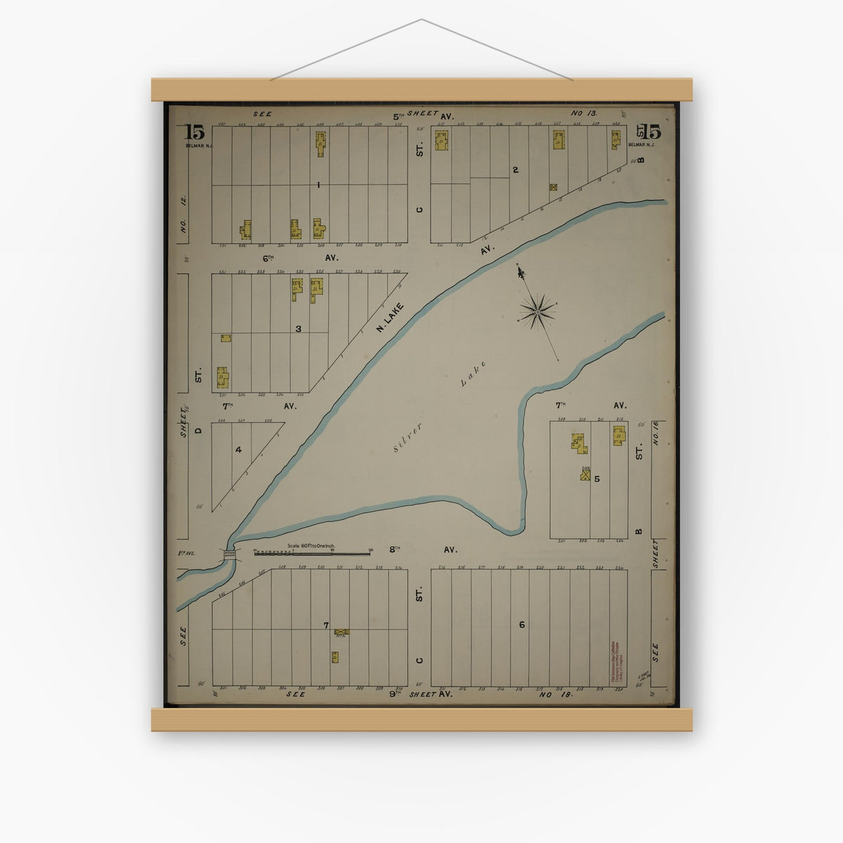 Old map wall art mockup — magnetic wood frame on white wall — Sanborn Fire Insurance Map from New Jersey Coast, New Jersey Coast, New Jersey (1890), Sheet #0015