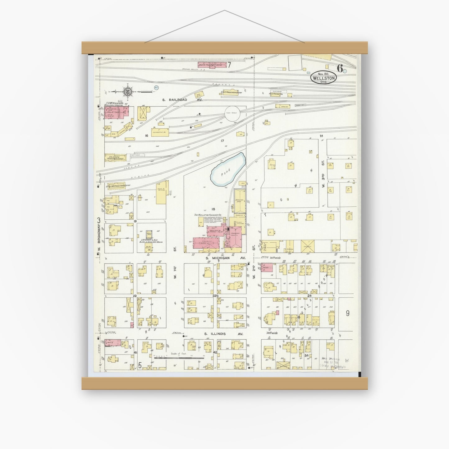 Old map wall art mockup — magnetic wood frame on white wall — Sanborn Fire Insurance Map from Wellston, Jackson County, Ohio (1911), Sheet #0006
