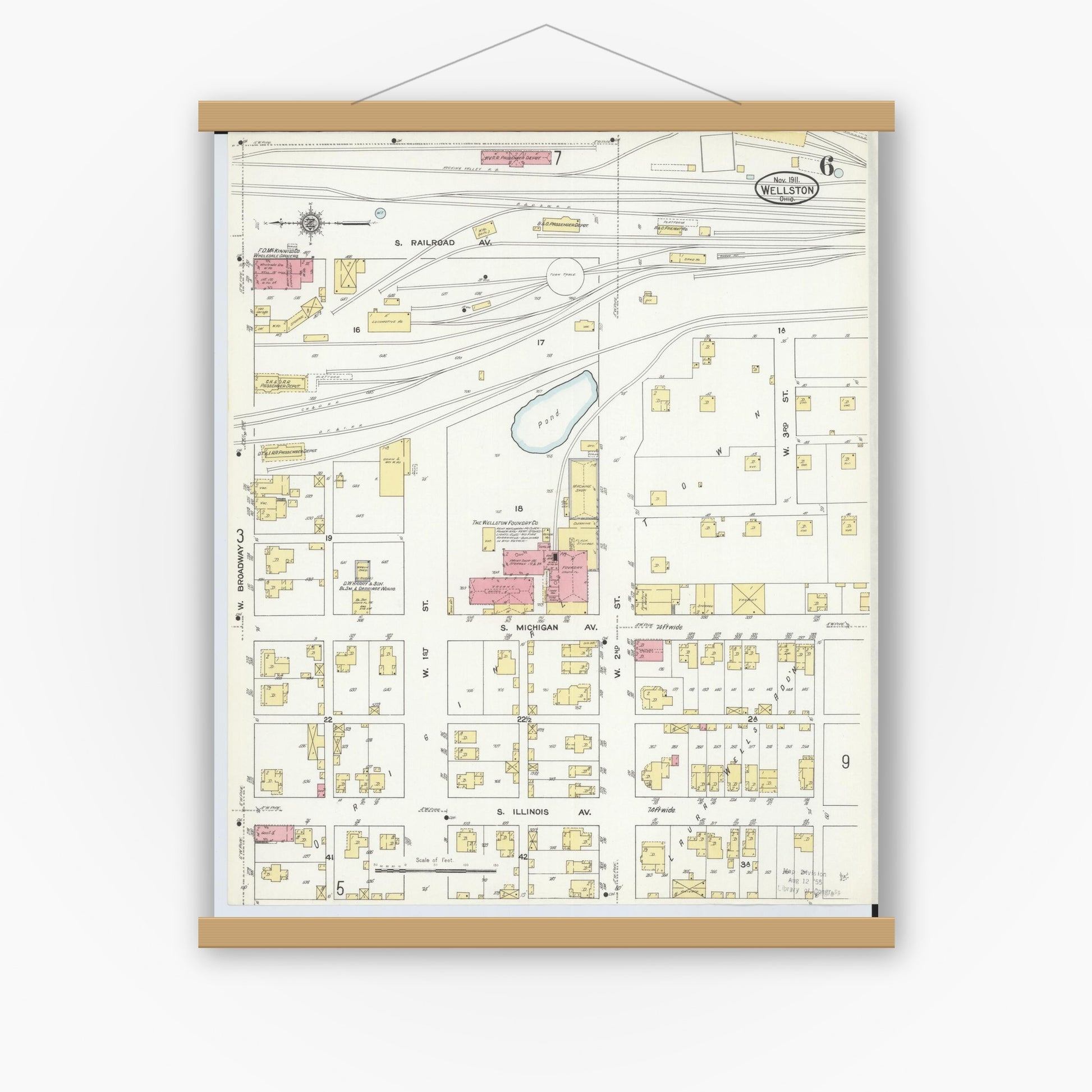 Old map wall art mockup — magnetic wood frame on white wall — Sanborn Fire Insurance Map from Wellston, Jackson County, Ohio (1911), Sheet #0006