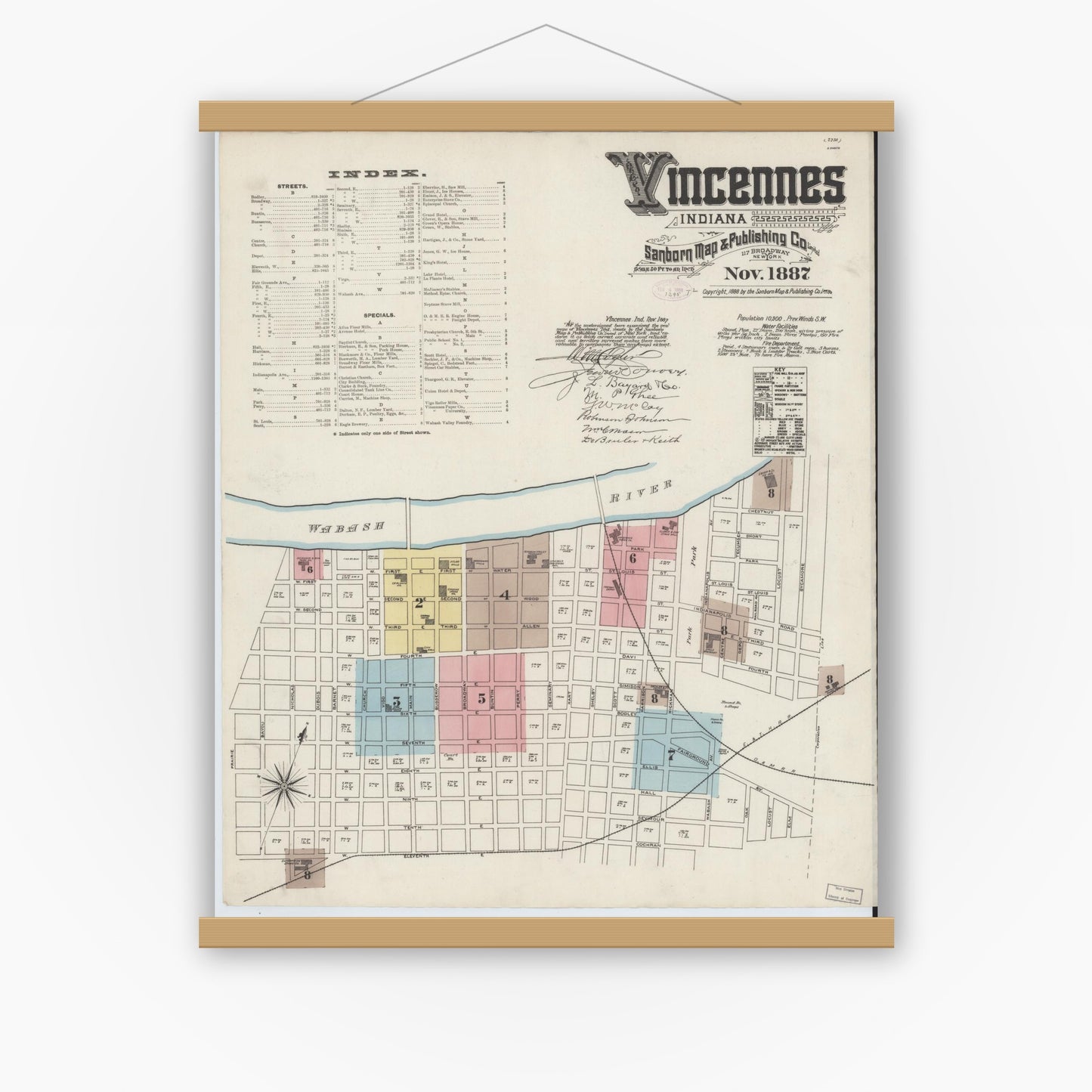 Old map wall art mockup — magnetic wood frame on white wall — Sanborn Fire Insurance Map from Vincennes, Knox County, Indiana (1887) - Complete Map Set
