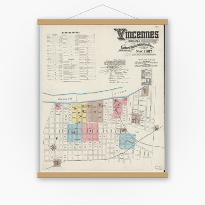 Old map wall art mockup — magnetic wood frame on white wall — Sanborn Fire Insurance Map from Vincennes, Knox County, Indiana (1887) - Complete Map Set
