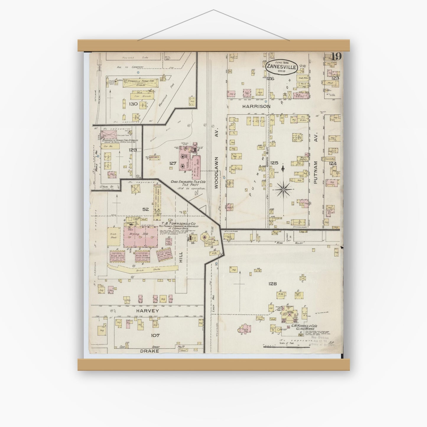 Old map wall art mockup — magnetic wood frame on white wall — Sanborn Fire Insurance Map from Zanesville, Muskingum County, Ohio (1886), Sheet #0019