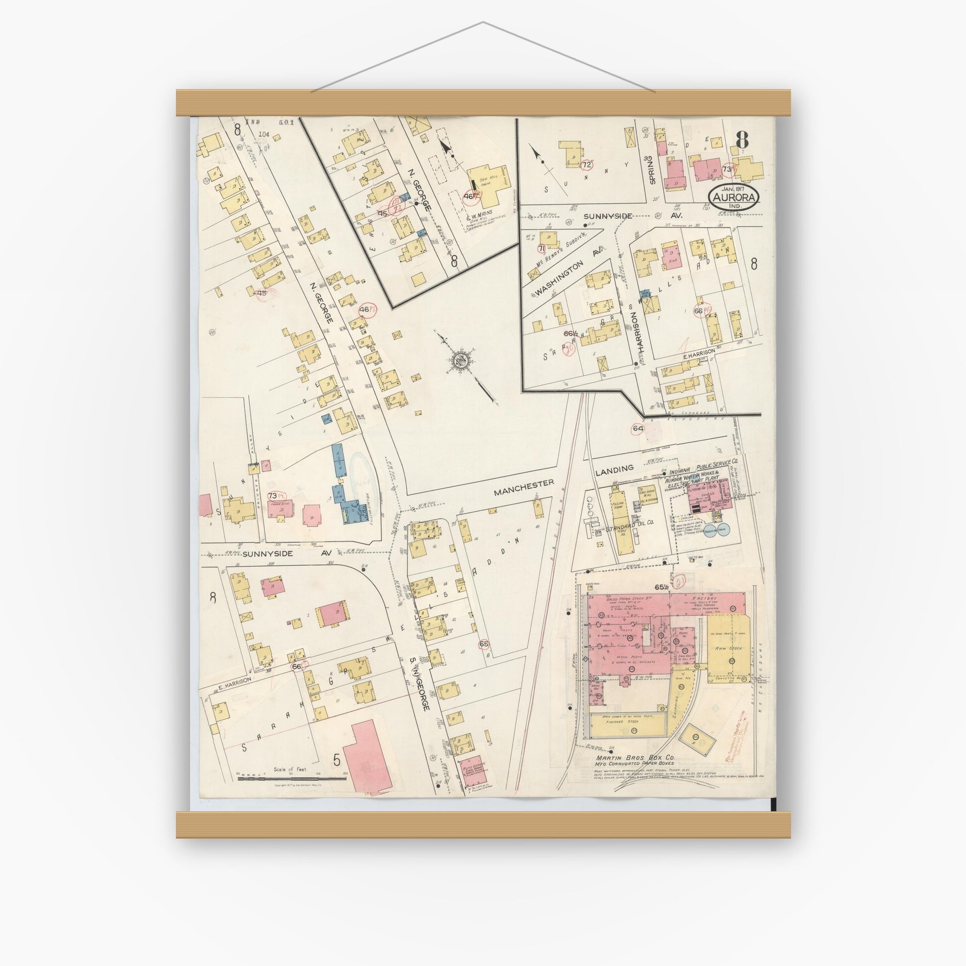 Old map wall art mockup — magnetic wood frame on white wall — Sanborn Fire Insurance Map from Aurora, Dearborn County, Indiana (1935), Sheet #0008