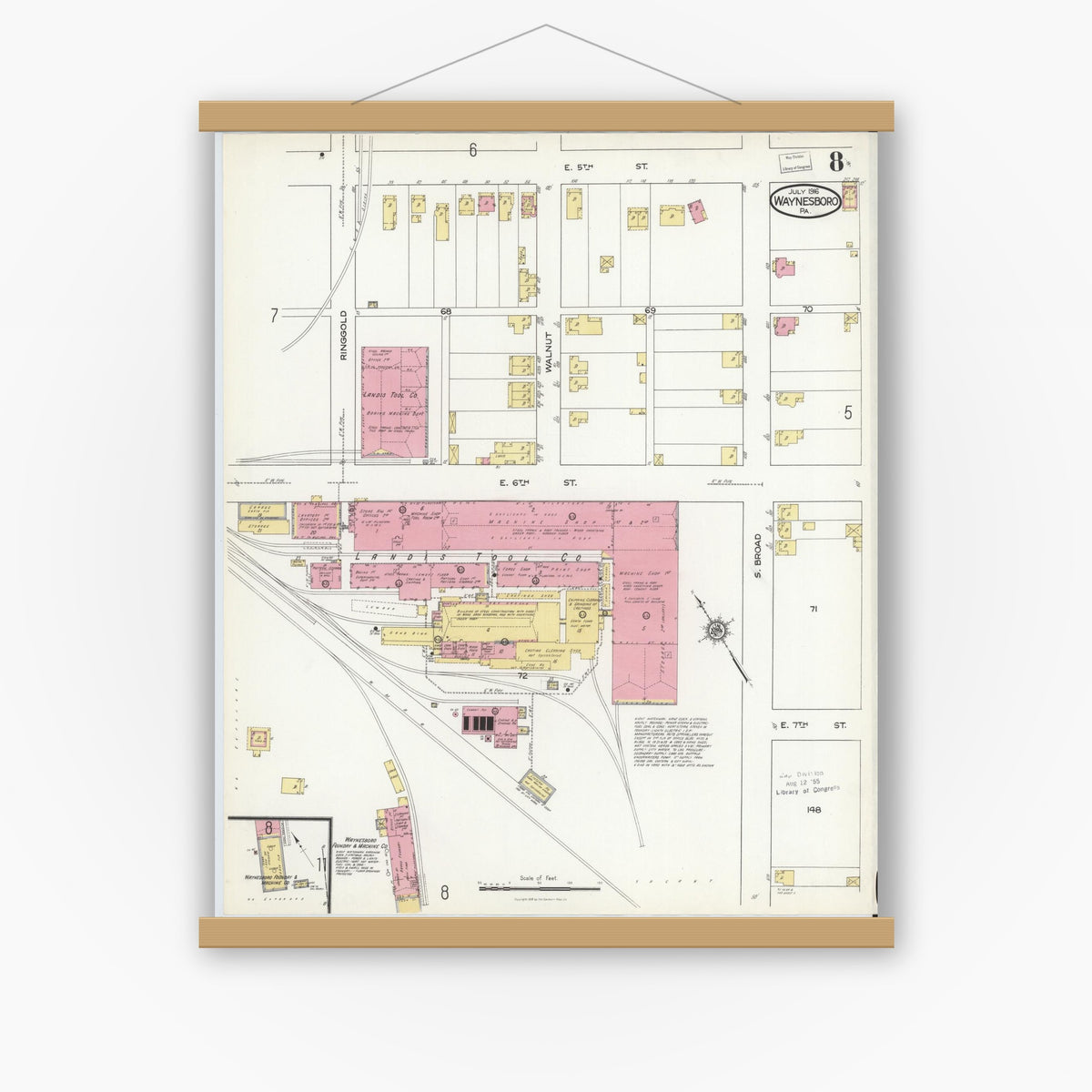 Old map wall art mockup — magnetic wood frame on white wall — Sanborn Fire Insurance Map from Waynesboro, Franklin County, Pennsylvania (1916), Sheet #0008