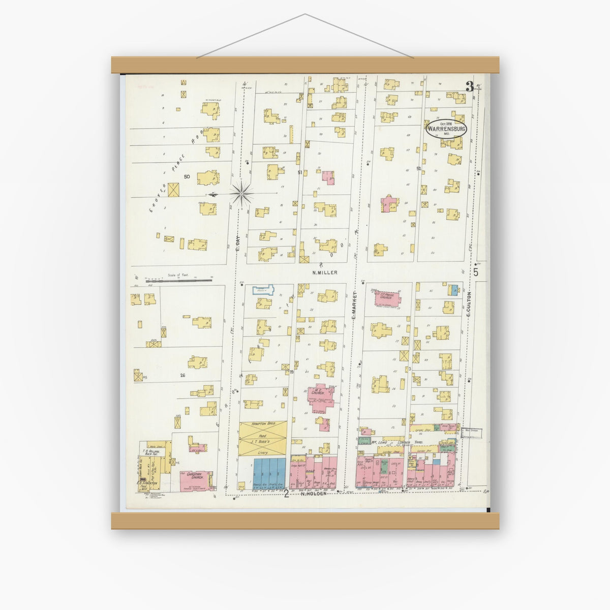 Old map wall art mockup — magnetic wood frame on white wall — Sanborn Fire Insurance Map from Warrensburg, Johnson County, Missouri (1898), Sheet #0003