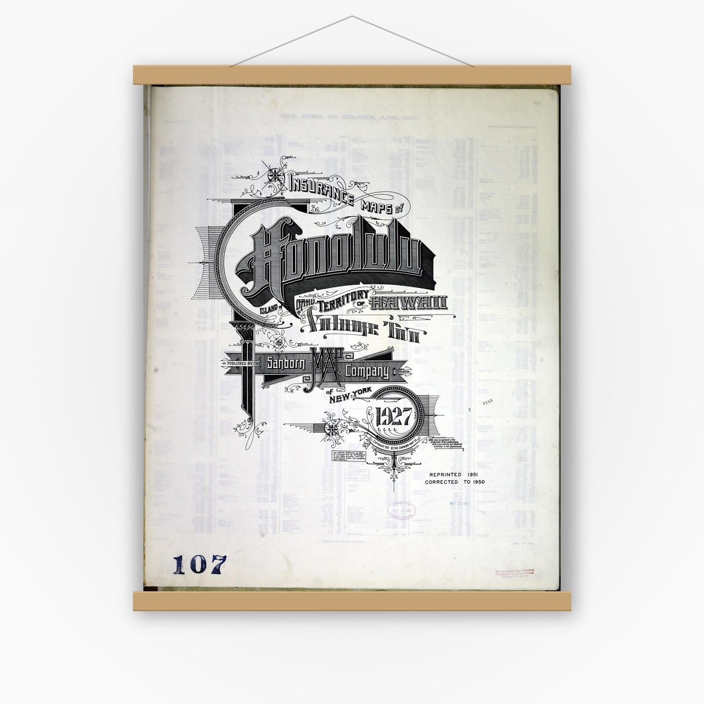 Old map wall art mockup — magnetic wood frame on white wall — Sanborn Fire Insurance Map from Honolulu, Oahu County, Hawaii (1951), Sheet #0001