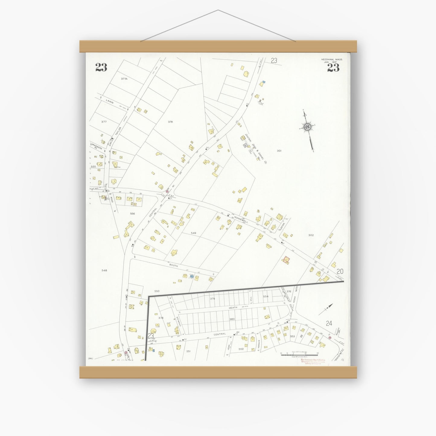 Old map wall art mockup — magnetic wood frame on white wall — Sanborn Fire Insurance Map from Needham, Norfolk County, Massachusetts (1937), Sheet #0023