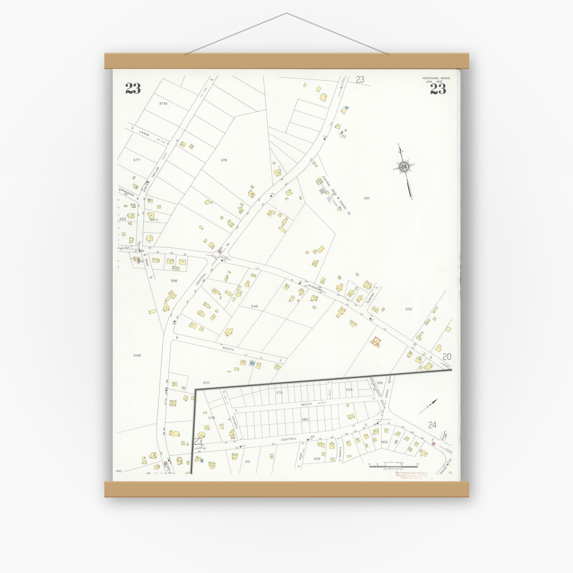 Old map wall art mockup — magnetic wood frame on white wall — Sanborn Fire Insurance Map from Needham, Norfolk County, Massachusetts (1937), Sheet #0023