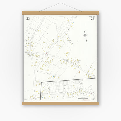 Old map wall art mockup — magnetic wood frame on white wall — Sanborn Fire Insurance Map from Needham, Norfolk County, Massachusetts (1937), Sheet #0023