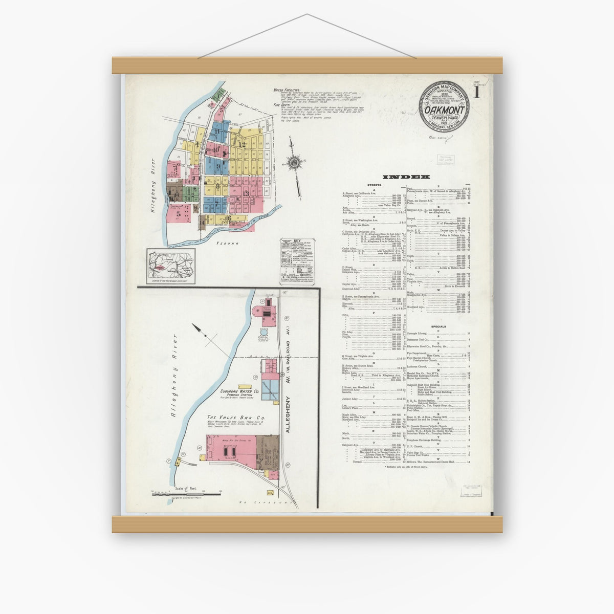 Old map wall art mockup — magnetic wood frame on white wall — Sanborn Fire Insurance Map from Oakmont, Allegheny County, Pennsylvania (1921) - Complete Map Set
