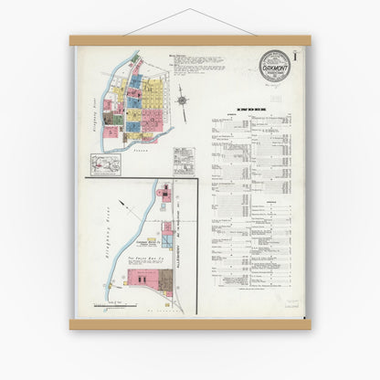 Old map wall art mockup — magnetic wood frame on white wall — Sanborn Fire Insurance Map from Oakmont, Allegheny County, Pennsylvania (1921) - Complete Map Set