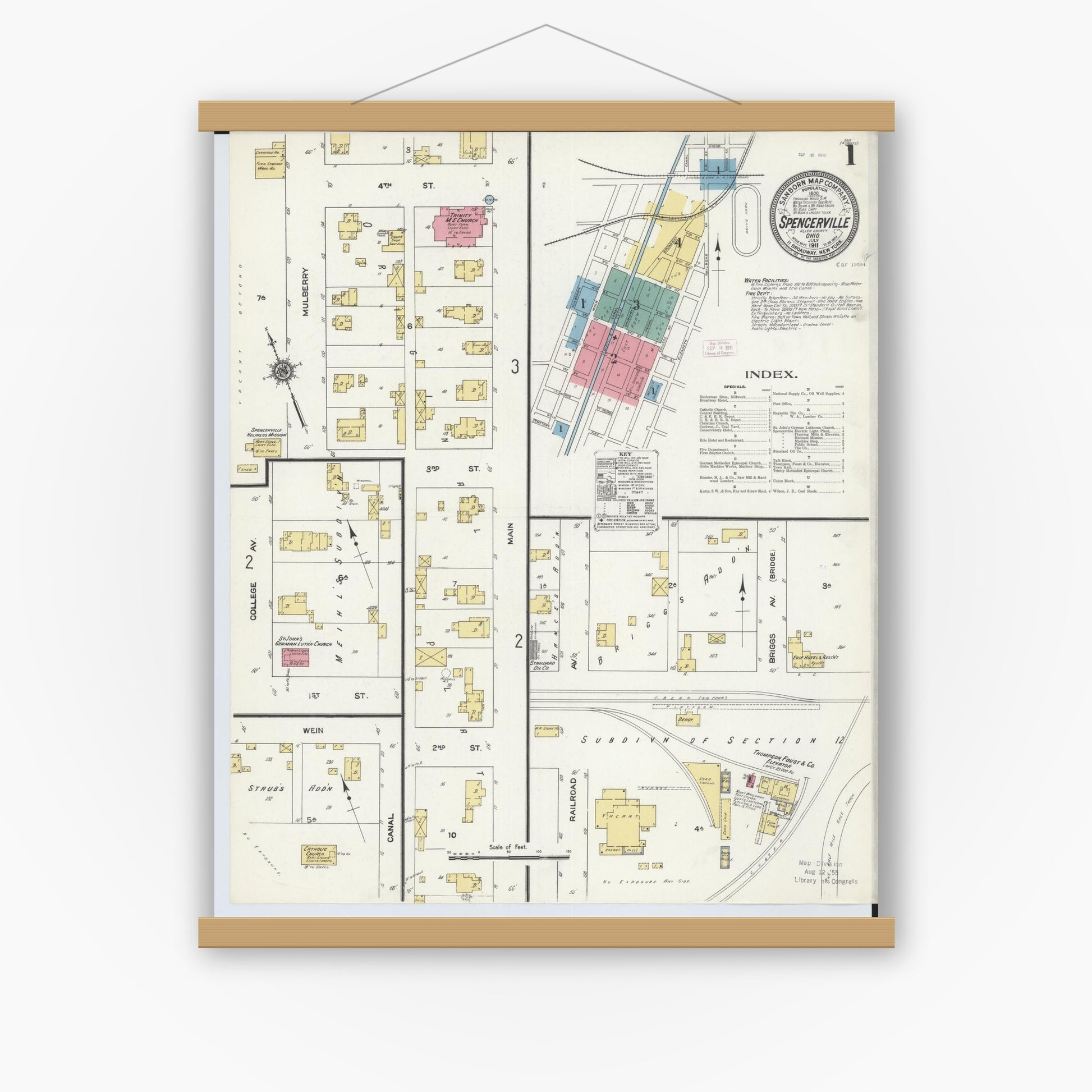 Old map wall art mockup — magnetic wood frame on white wall — Sanborn Fire Insurance Map from Spencerville, Allen County, Ohio (1911) - Complete Map Set