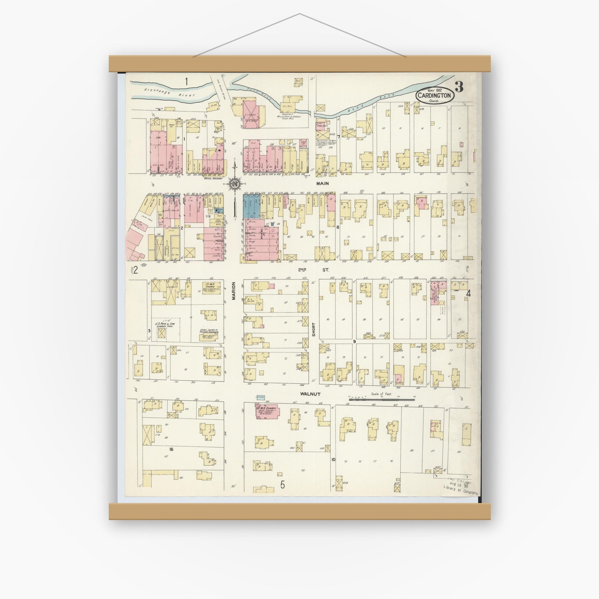 Old map wall art mockup — magnetic wood frame on white wall — Sanborn Fire Insurance Map from Cardington, Morrow County, Ohio (1912), Sheet #0003