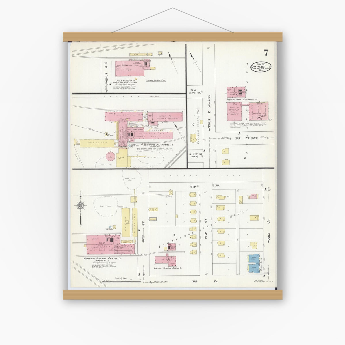 Old map wall art mockup — magnetic wood frame on white wall — Sanborn Fire Insurance Map from Rochelle, Ogle County, Illinois (1912), Sheet #0007