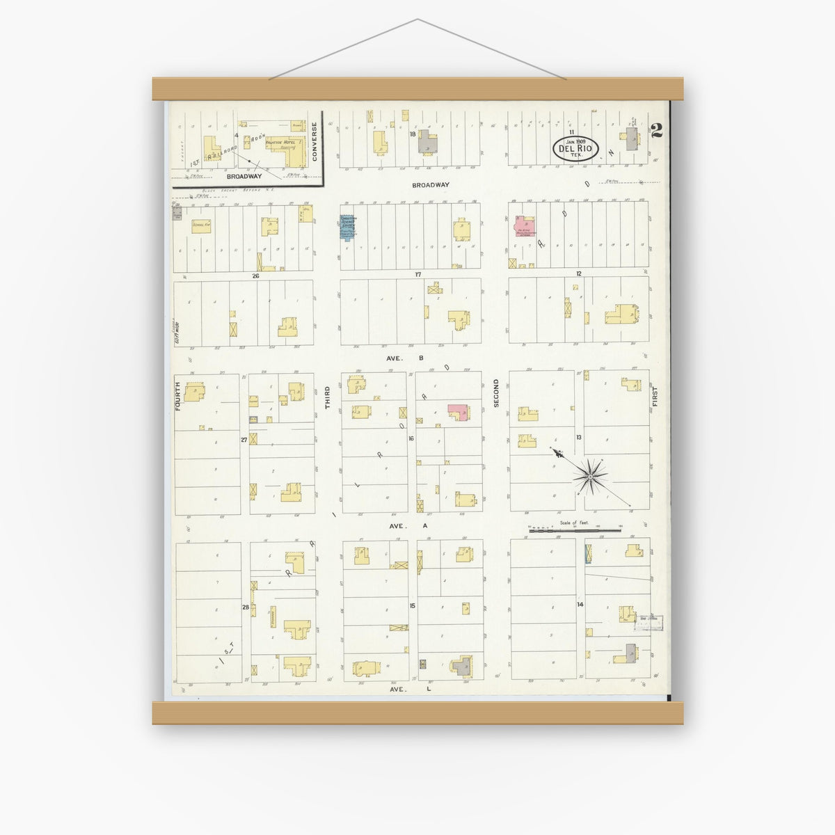 Old map wall art mockup — magnetic wood frame on white wall — Sanborn Fire Insurance Map from Del Rio, Val Verde County, Texas (1909), Sheet #0002