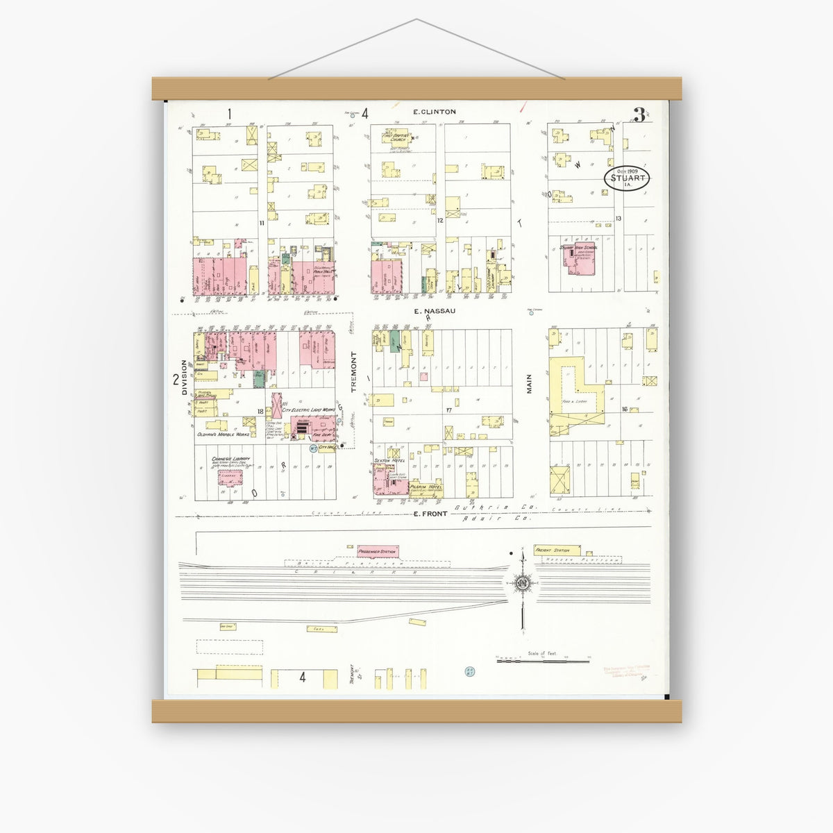 Old map wall art mockup — magnetic wood frame on white wall — Sanborn Fire Insurance Map from Stuart, Guthrie and Adair Counties, Iowa (1909), Sheet #0003