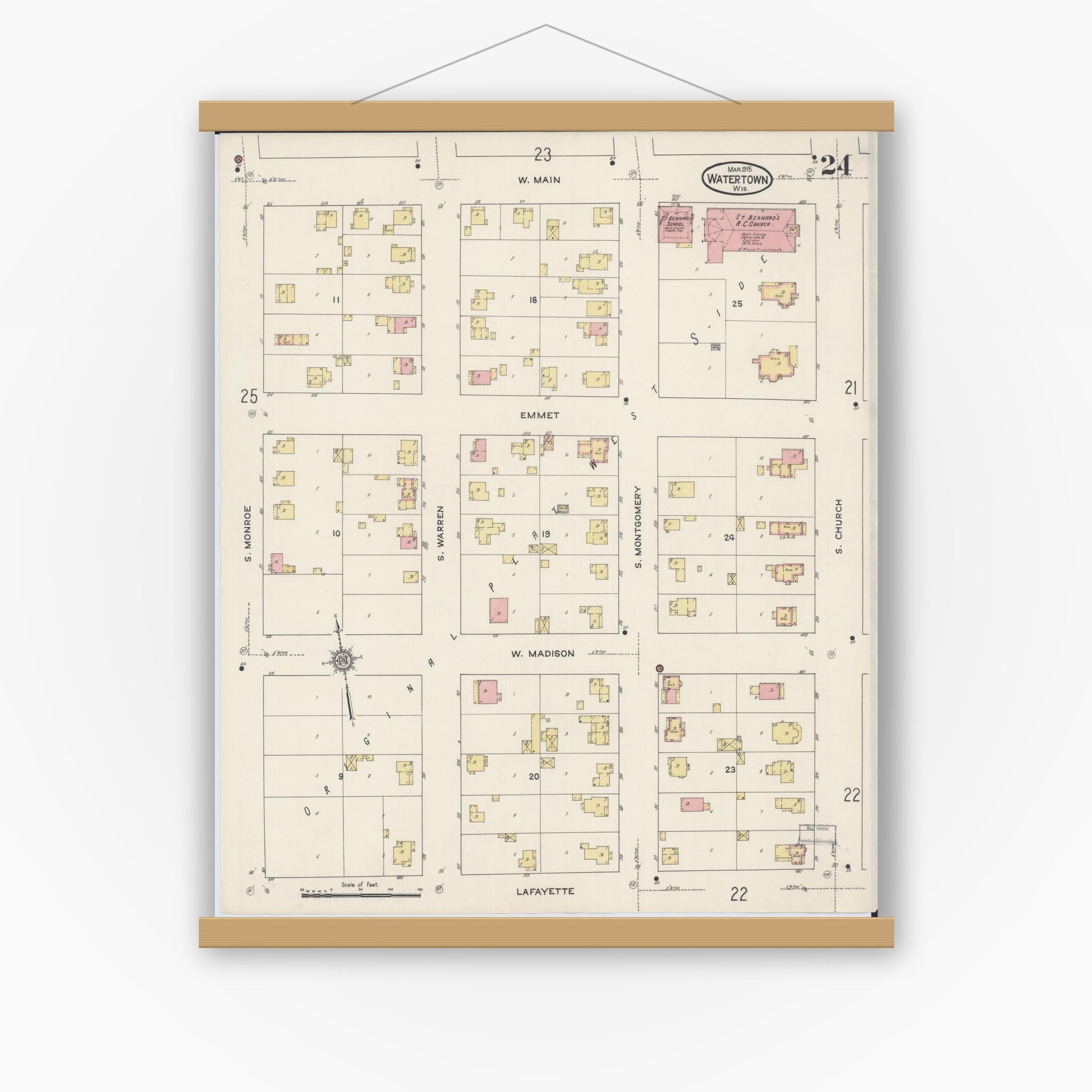 Old map wall art mockup — magnetic wood frame on white wall — Sanborn Fire Insurance Map from Watertown, Jefferson County, Wisconsin (1915), Sheet #0025
