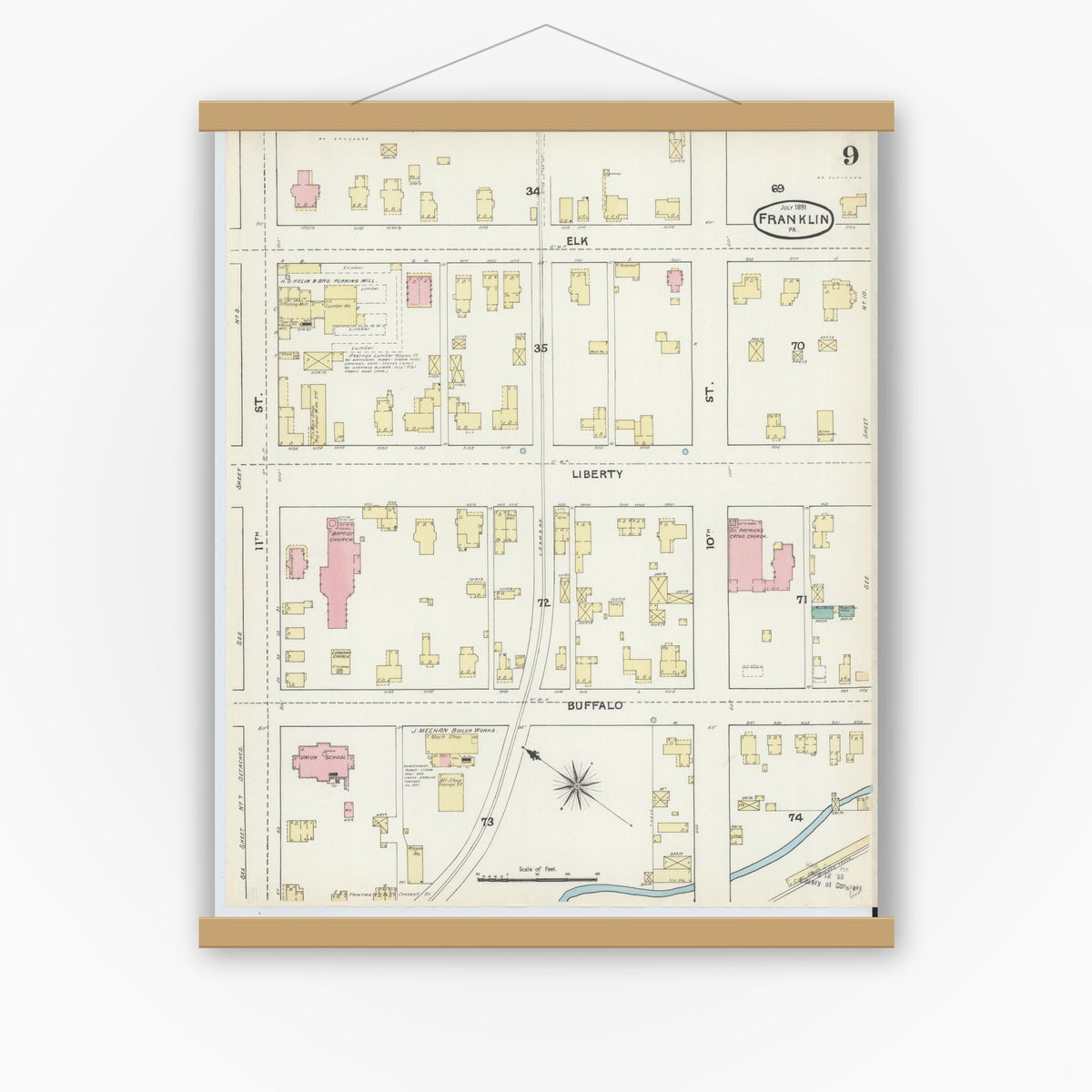 Old map wall art mockup — magnetic wood frame on white wall — Sanborn Fire Insurance Map from Franklin, Venango County, Pennsylvania (1891), Sheet #0009