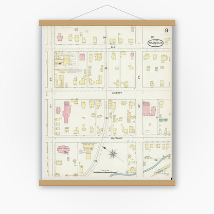 Old map wall art mockup — magnetic wood frame on white wall — Sanborn Fire Insurance Map from Franklin, Venango County, Pennsylvania (1891), Sheet #0009