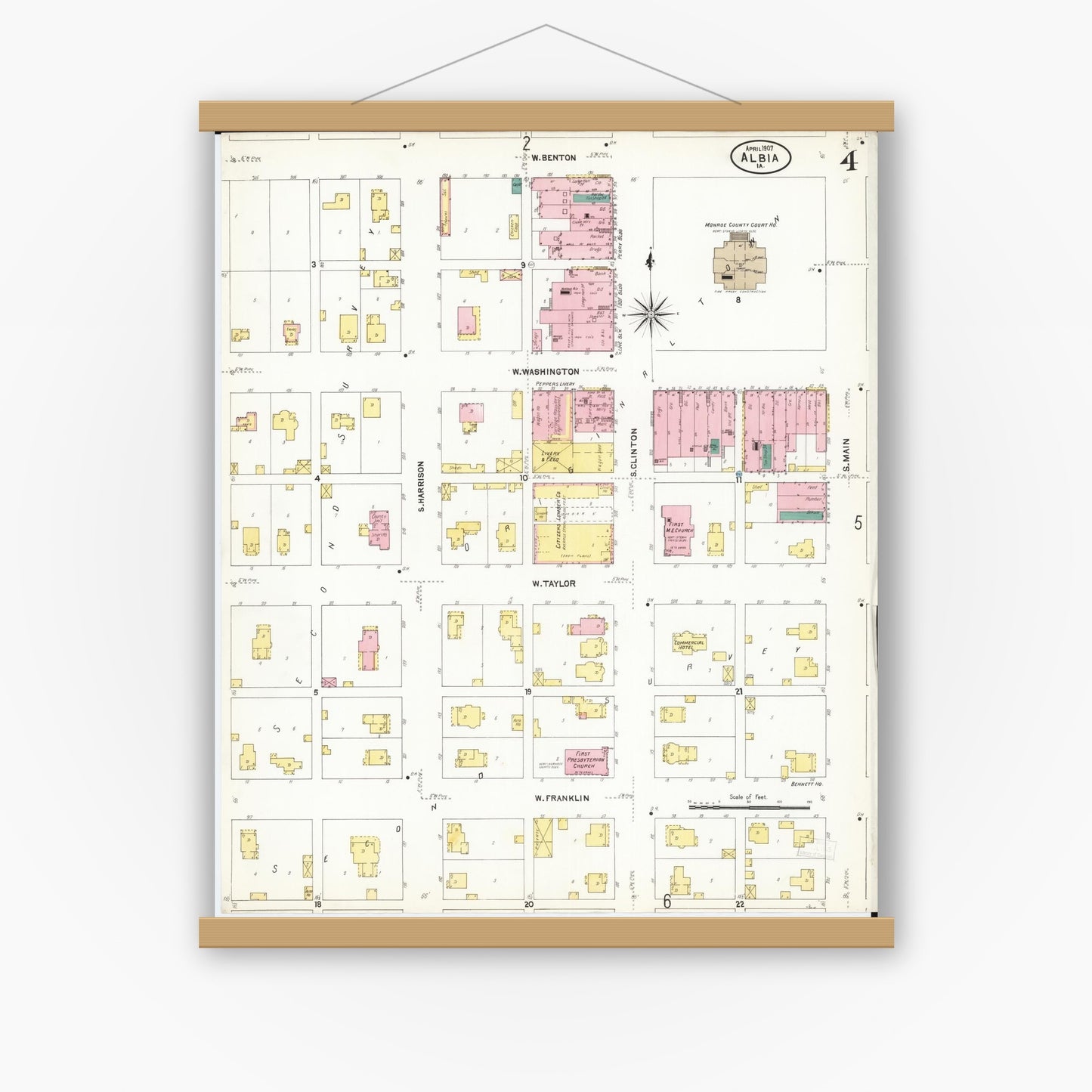 Old map wall art mockup — magnetic wood frame on white wall — Sanborn Fire Insurance Map from Albia, Monroe County, Iowa (1907), Sheet #0004