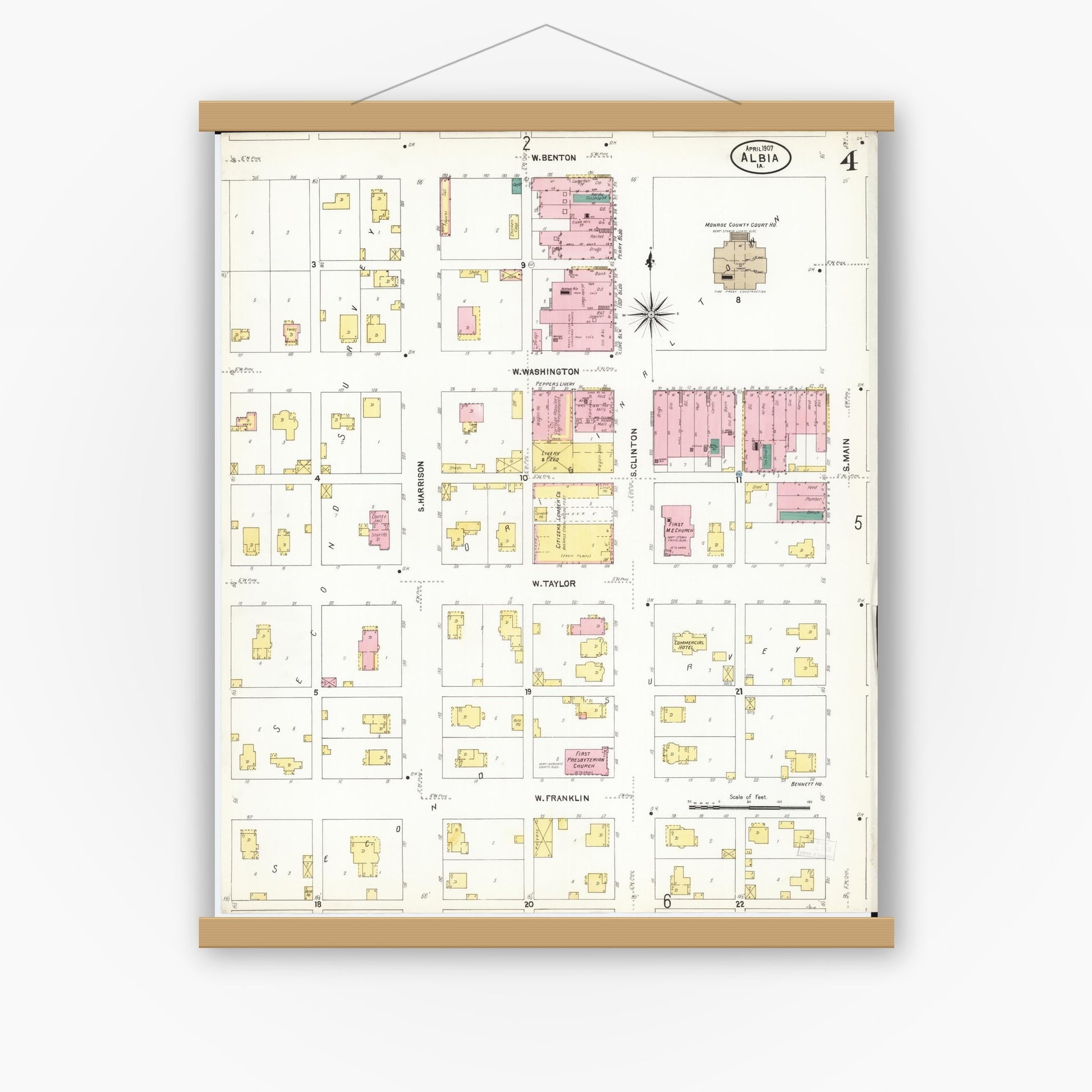 Old map wall art mockup — magnetic wood frame on white wall — Sanborn Fire Insurance Map from Albia, Monroe County, Iowa (1907), Sheet #0004