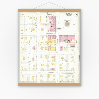 Old map wall art mockup — magnetic wood frame on white wall — Sanborn Fire Insurance Map from Albia, Monroe County, Iowa (1907), Sheet #0004