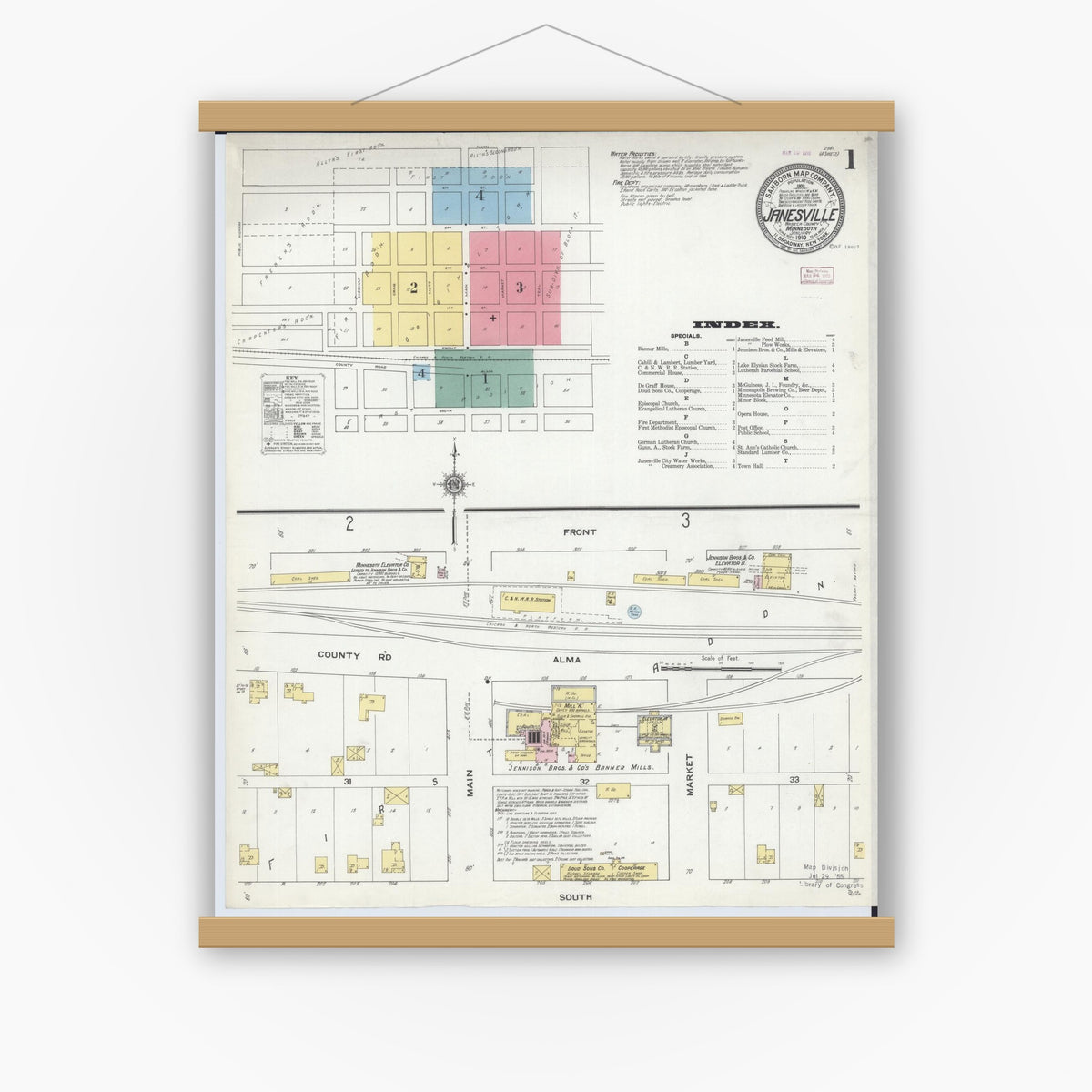 Old map wall art mockup — magnetic wood frame on white wall — Sanborn Fire Insurance Map from Janesville, Waseca County, Minnesota (1910) - Complete Map Set