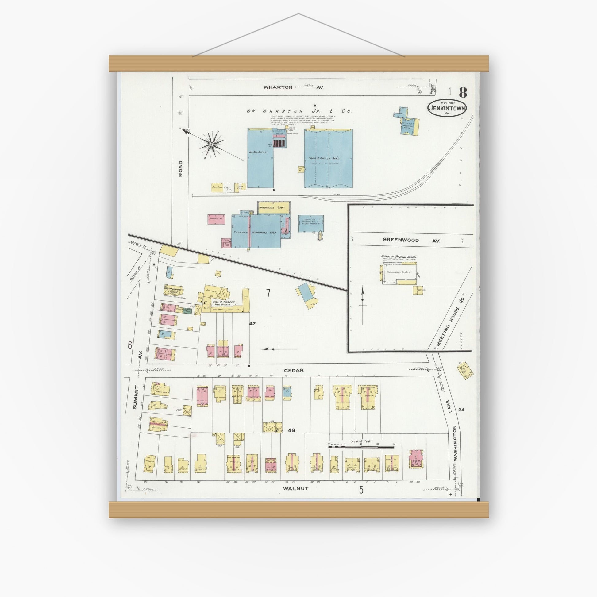 Old map wall art mockup — magnetic wood frame on white wall — Sanborn Fire Insurance Map from Jenkintown, Montgomery County, Pennsylvania (1909), Sheet #0008