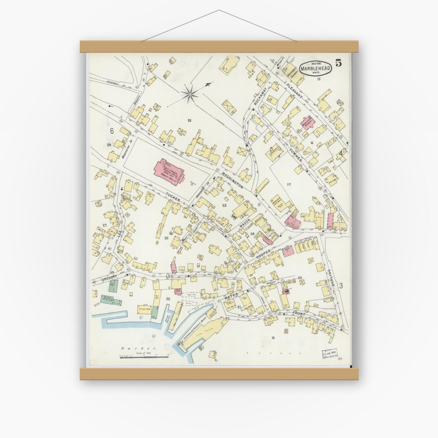 Old map wall art mockup — magnetic wood frame on white wall — Sanborn Fire Insurance Map from Marblehead, Essex County, Massachusetts (1896), Sheet #0005