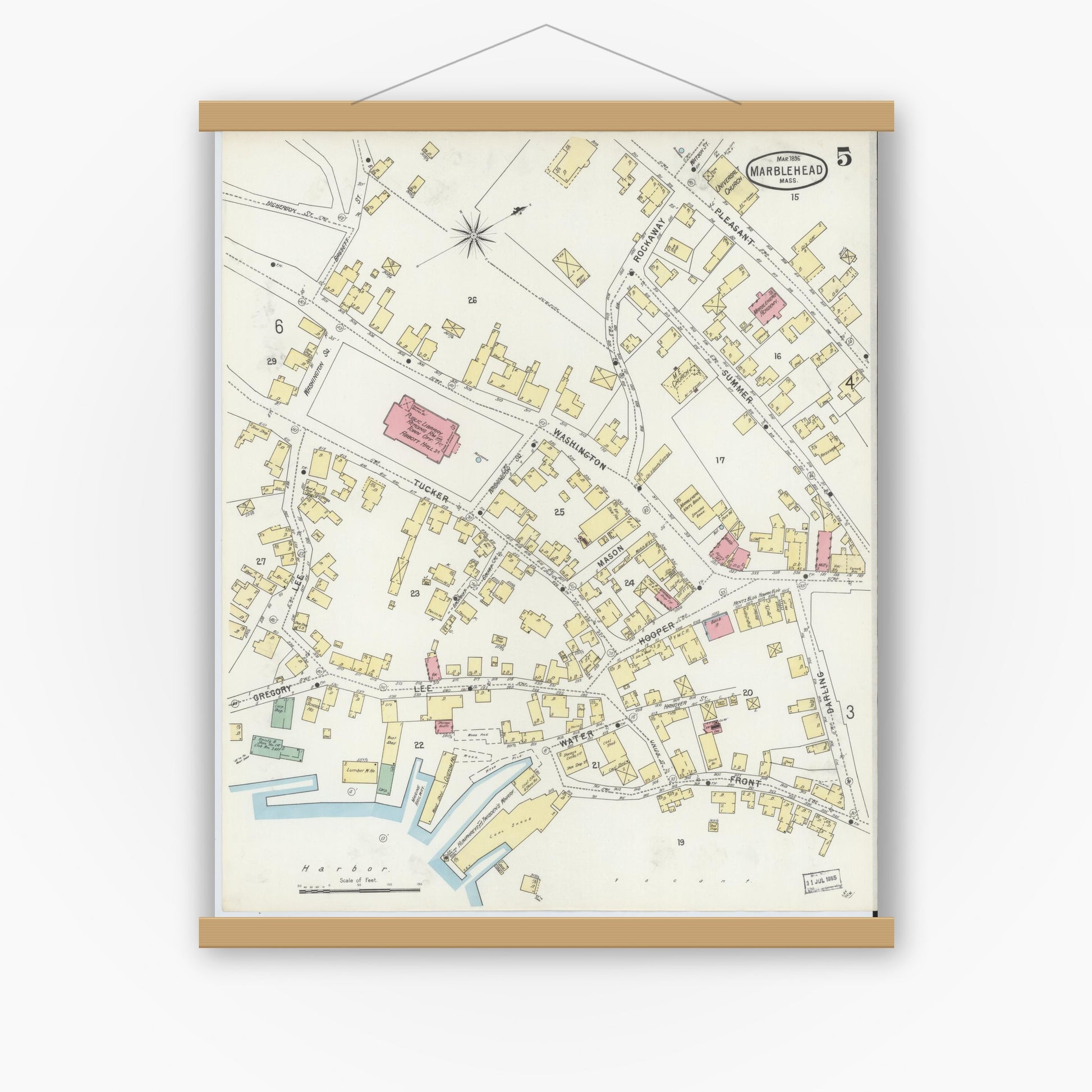 Old map wall art mockup — magnetic wood frame on white wall — Sanborn Fire Insurance Map from Marblehead, Essex County, Massachusetts (1896), Sheet #0005