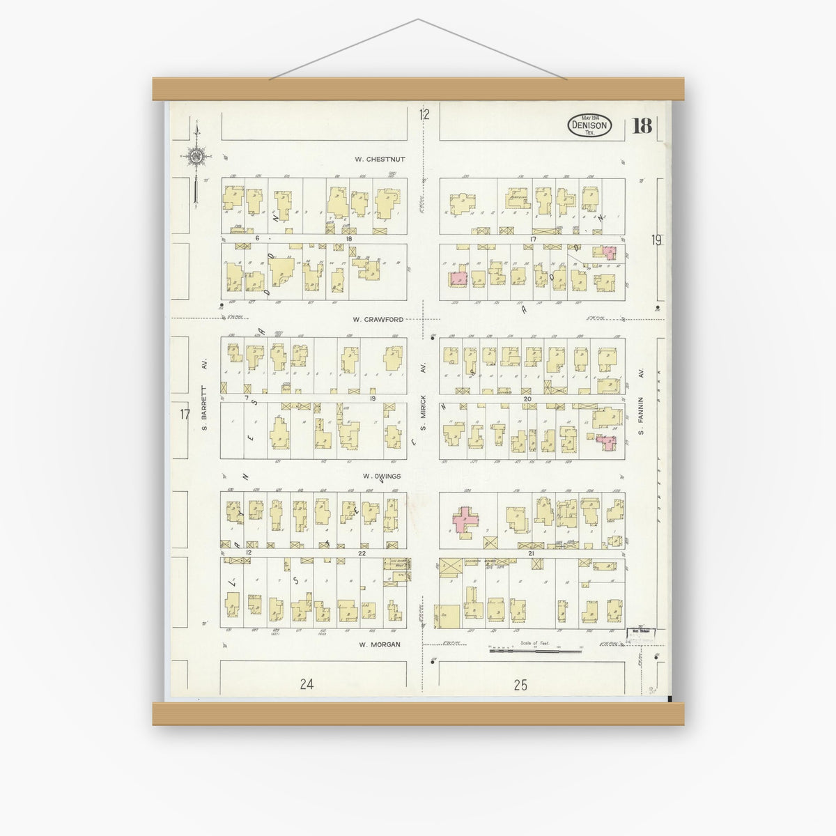 Old map wall art mockup — magnetic wood frame on white wall — Sanborn Fire Insurance Map from Denison, Grayson County, Texas (1914), Sheet #0018