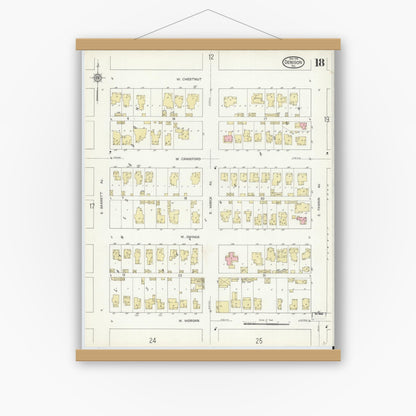 Old map wall art mockup — magnetic wood frame on white wall — Sanborn Fire Insurance Map from Denison, Grayson County, Texas (1914), Sheet #0018