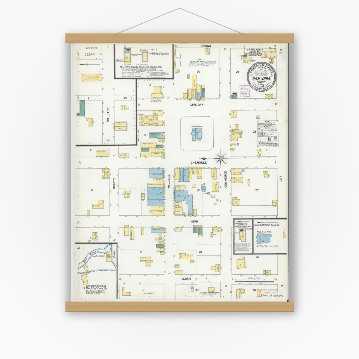 Old map wall art mockup — magnetic wood frame on white wall — Sanborn Fire Insurance Map from San Saba, San Saba County, Texas (1902), Sheet #0001