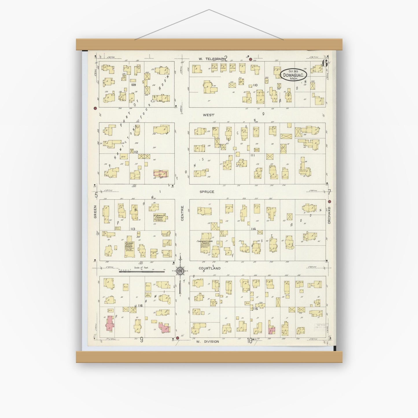 Old map wall art mockup — magnetic wood frame on white wall — Sanborn Fire Insurance Map from Dowagiac, Cass County, Michigan (1913), Sheet #0006