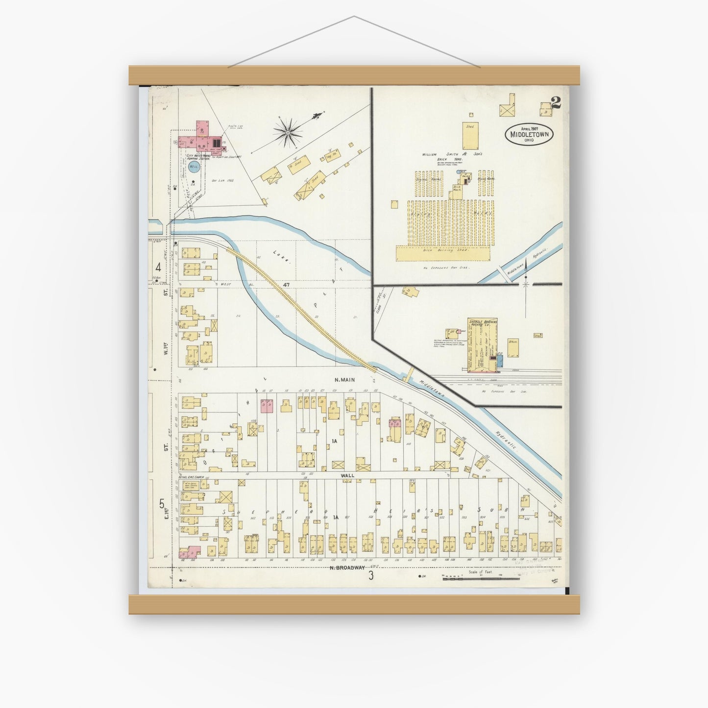 Old map wall art mockup — magnetic wood frame on white wall — Sanborn Fire Insurance Map from Middletown, Butler County, Ohio (1907), Sheet #0002